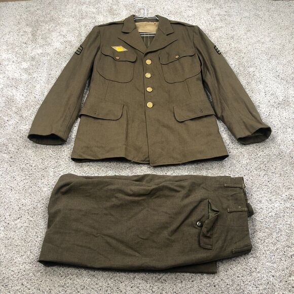 VTG Army Suit Mens 40R Brown WW2 Patches Blazer Jacket Military Officer Uniform - Picture 1 of 16
